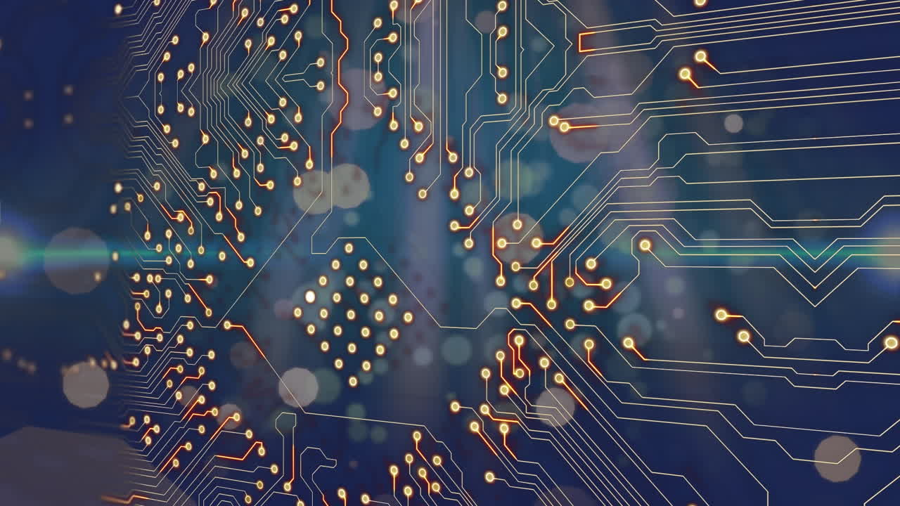 마이크로프로세서 연결의 애니메이션은 파란색 배경에 떠다니는 빛의 점 위에 있습니다.