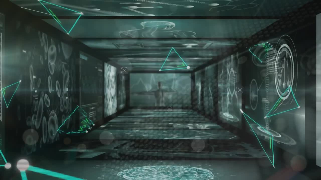 여러 스크린에서 의료 데이터 처리를 통해 네온 삼각형 모양의 애니메이션