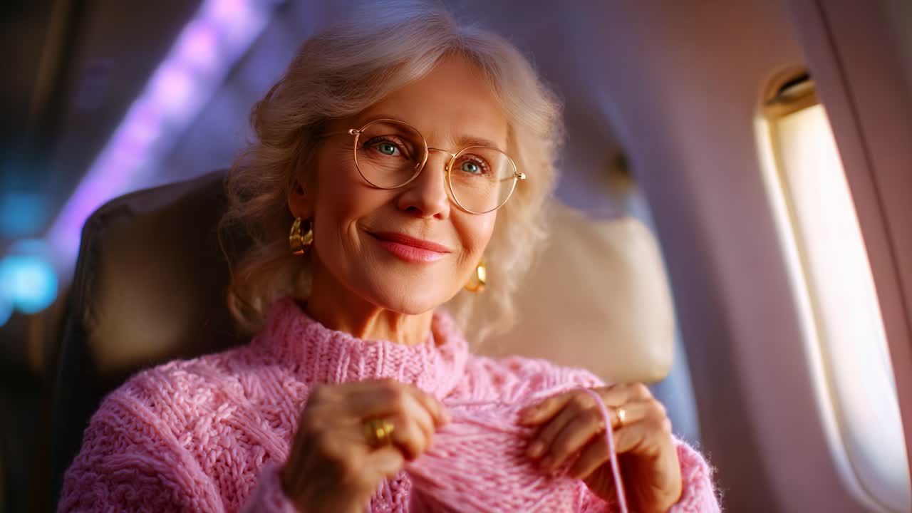 Un momento di serenità: un’anziana signora con un maglione rosa lavora a maglia mentre viaggia in aereo, irradiando calma e soddisfazione durante il tragitto