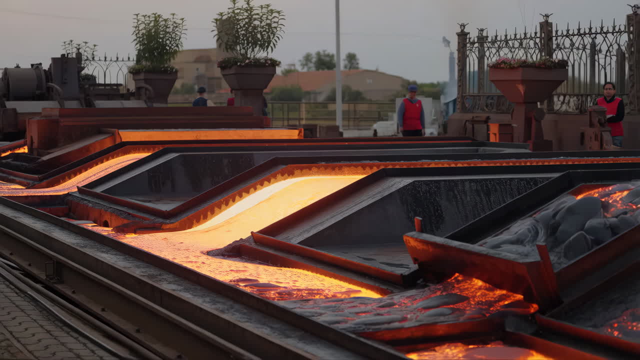 Molten Metal Flowing in an Industrial Steel Mill