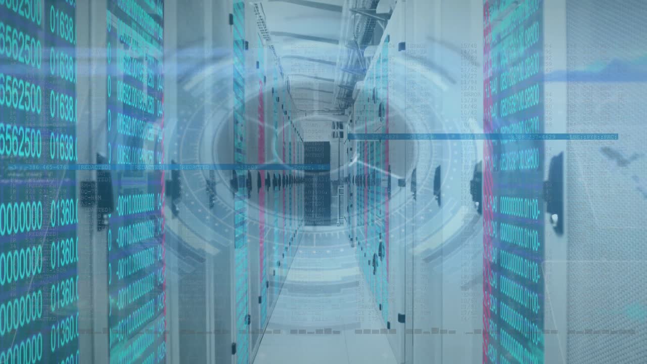 컴퓨터 서버와 함께 기술 방에서 스 ⁇  스캐닝과 데이터 처리의 애니메이션