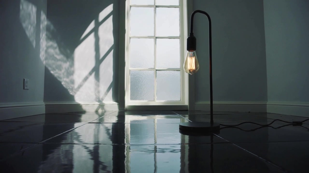 Telecamera panoramica che mostra una finestra smerigliata in casa, con una lampada Edison che proietta un bagliore su piastrelle con un cavo, spazio per il testo.