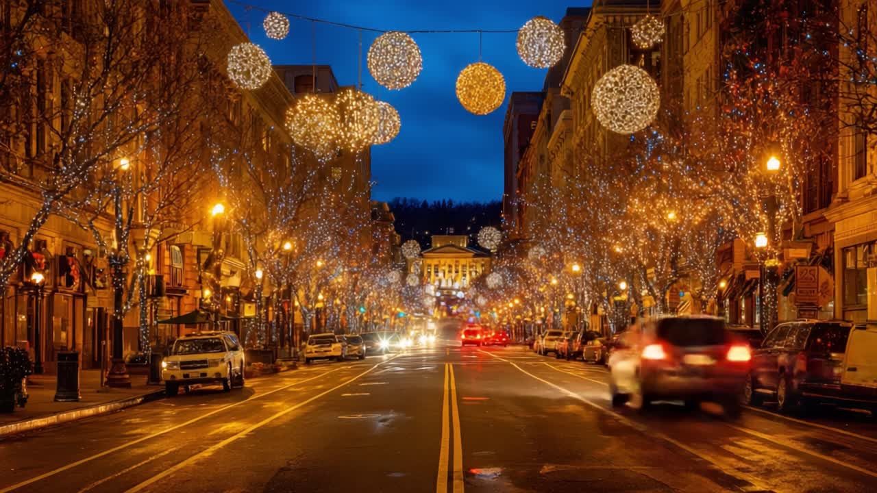 A Stunning Holiday Street Scene Adorned with Sparkling Lights and Decorative Orbs, Capturing the Magic of the Festive Season in a Charming Urban Atmosphere