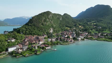 Village-of-Duingt-eastern-shore-of-Lake-Annecy,-France-drone-,-aerial,-view