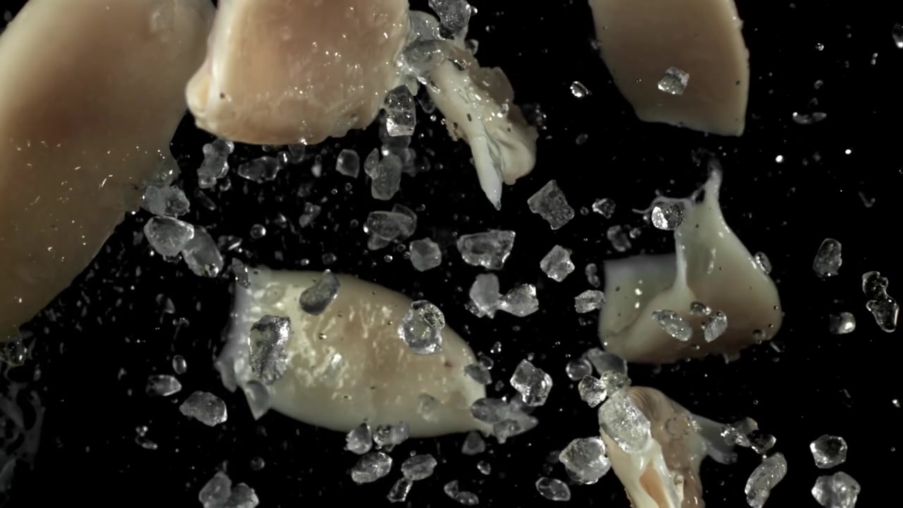 Calamari crudi e cubetti di ghiaccio che cadono in super rallentatore