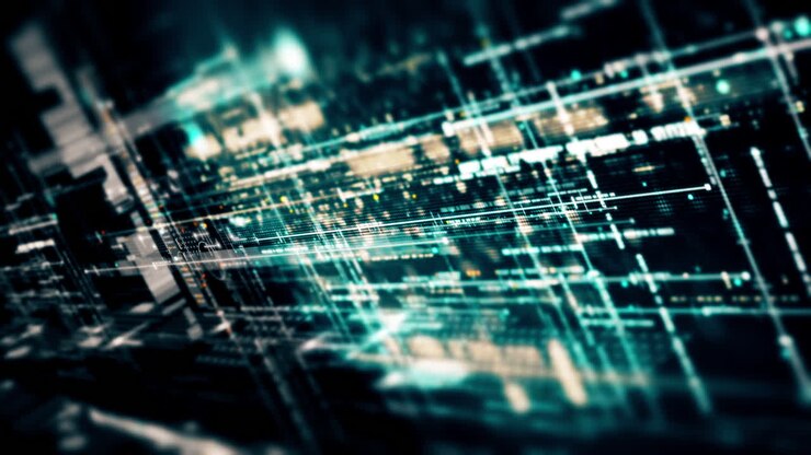 Futuristic abstract de-focus flowing data matrix, meta, metaverse, telemetry and encrypt numbers display with particles simulation in cyber space environment for head up display background-6