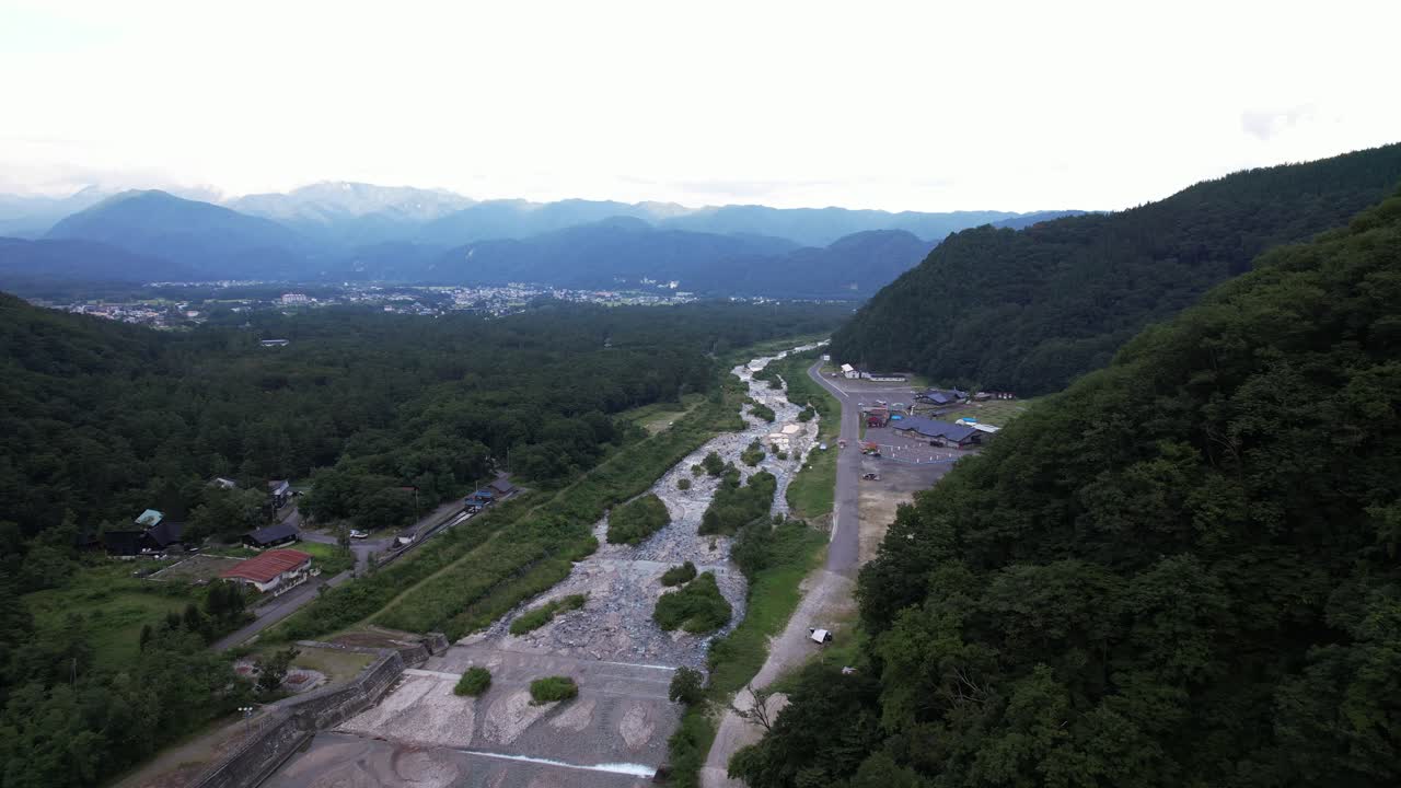 Camping Ground By The Matsukawa River In Nagano Prefecture, Japan. Aerial Drone Shot