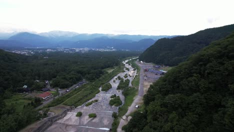 Camping Ground By The Matsukawa River In Nagano Prefecture, Japan. Aerial Drone Shot