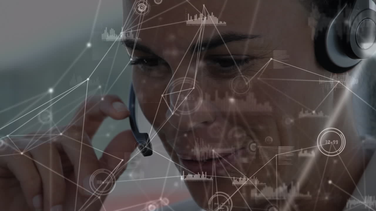 Animation of network of connections over businesswoman wearing phone headset