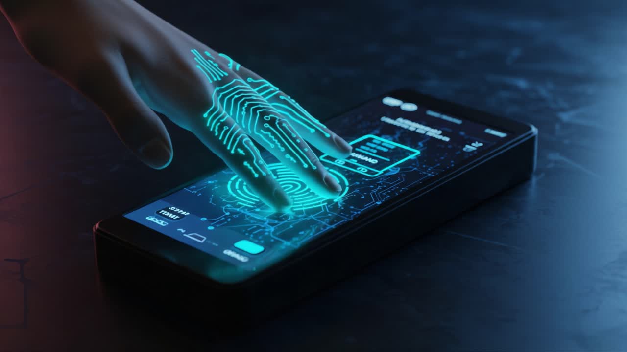 Exploring the Future of Technology: A Futuristic Hand Interacting with a Smartphone Display Featuring Advanced Biometric Security and Digital Interfaces
