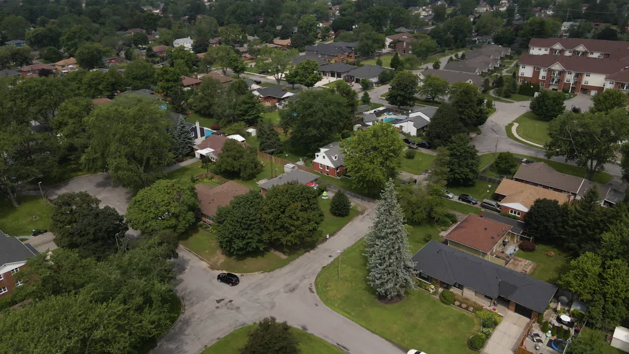 Drone orbit tilt up reveals peaceful suburban neighborhood, overcast day