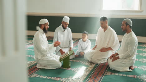 islam, prayer and group of men in mosque