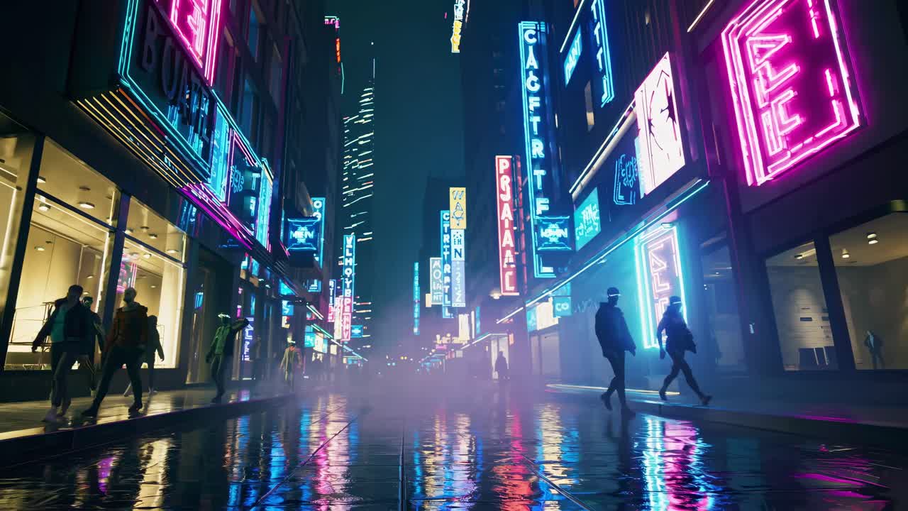 A neon-lit urban street scene at night, captured from a low angle, evokes a cyberpunk video