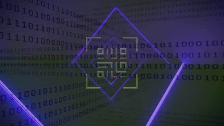 Animation of qr code and binary coding data processing over glowing neon lines