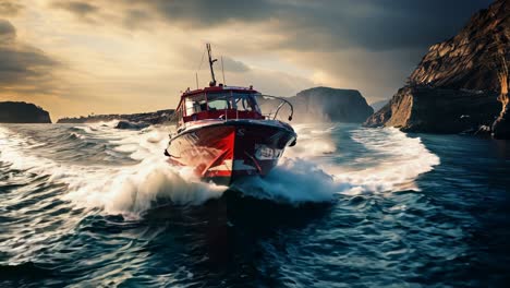red rescue boat navigating rough waters at sunset near rocky coastline