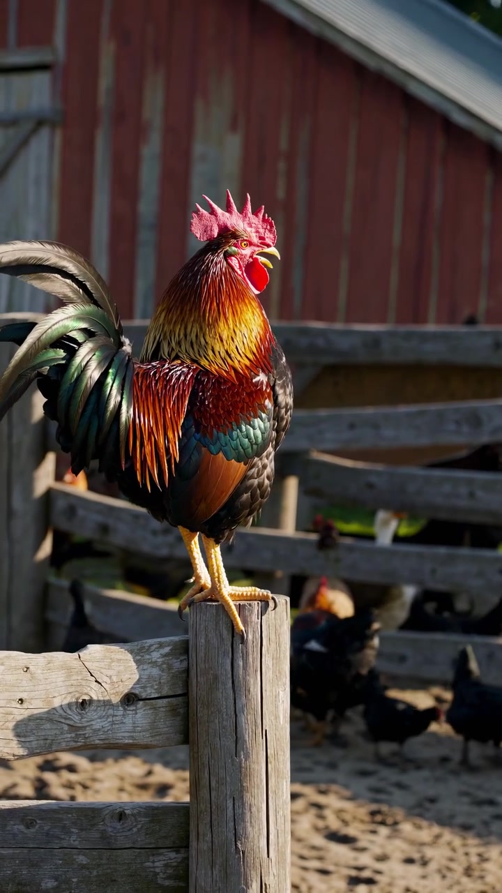 Gallo colorato che canta su una staccionata di legno in una fattoria