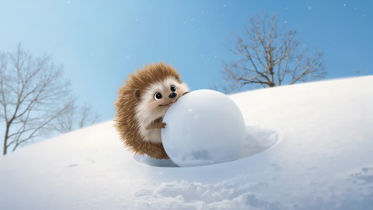 Pressing tiny hedgehog pushing paws, stumbling and running down snow hill, guiding compact snowball