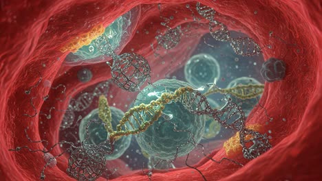 exploring the intricacies of cellular structures: a detailed look at microscopic organelles, dna helices, and molecular interactions within a vibrant environment