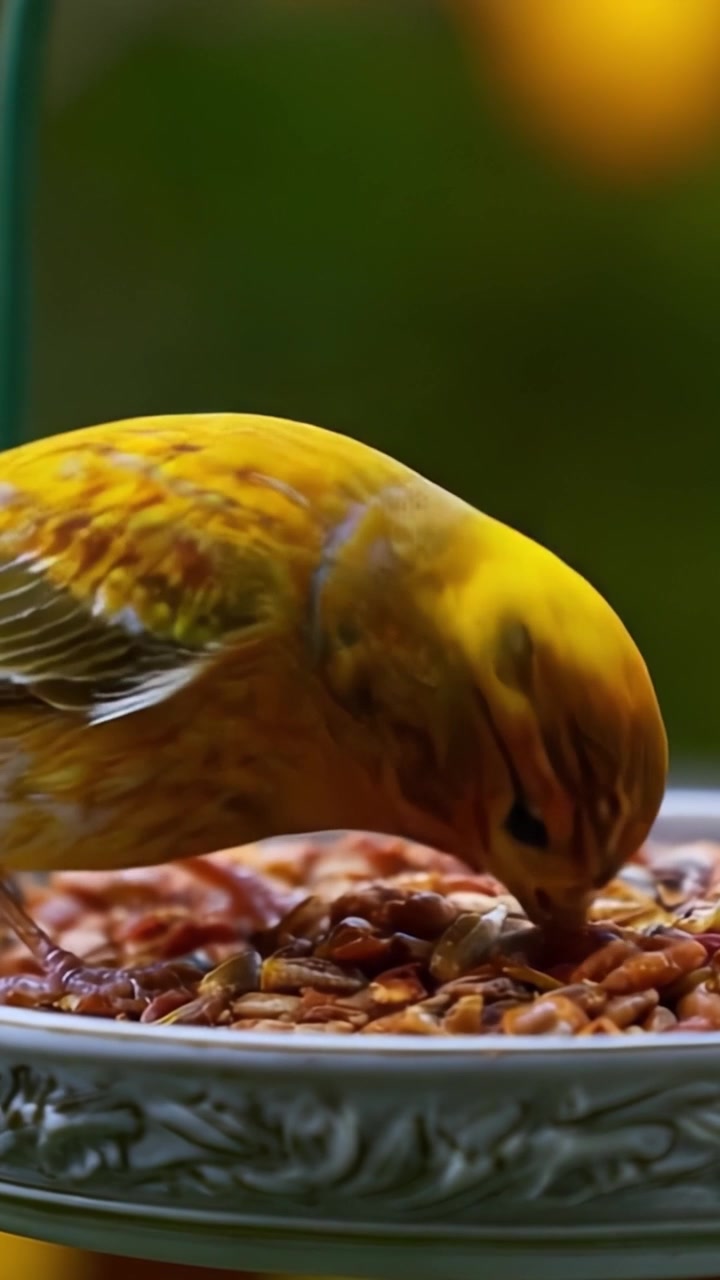 Ein leuchtend gelber Vogel, der sich an Samen labt: Fesselnde Nahaufnahmen der Schönheit der Natur und der Freude der Vögel an einer Futterstelle.