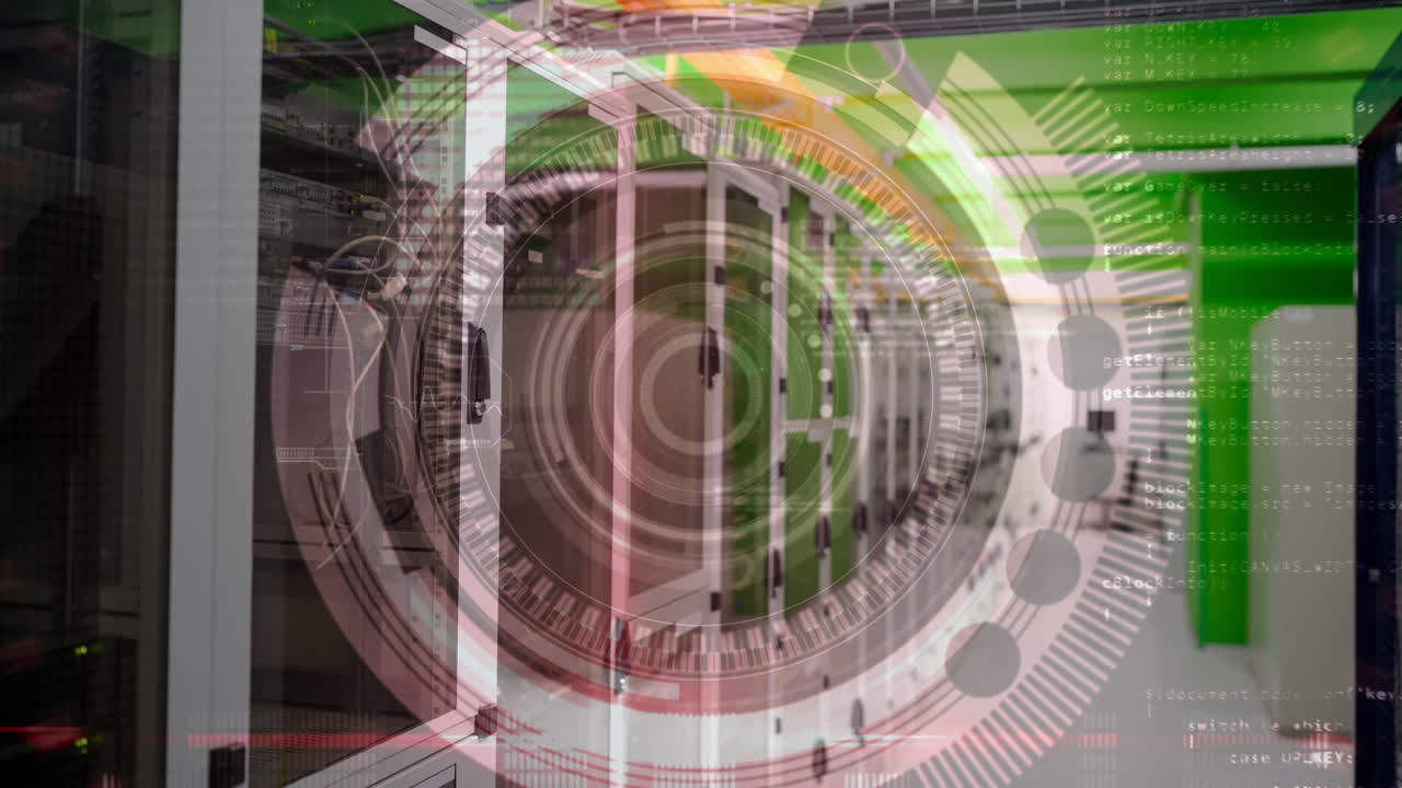 círculos virtuales abstractos y sala de servidores