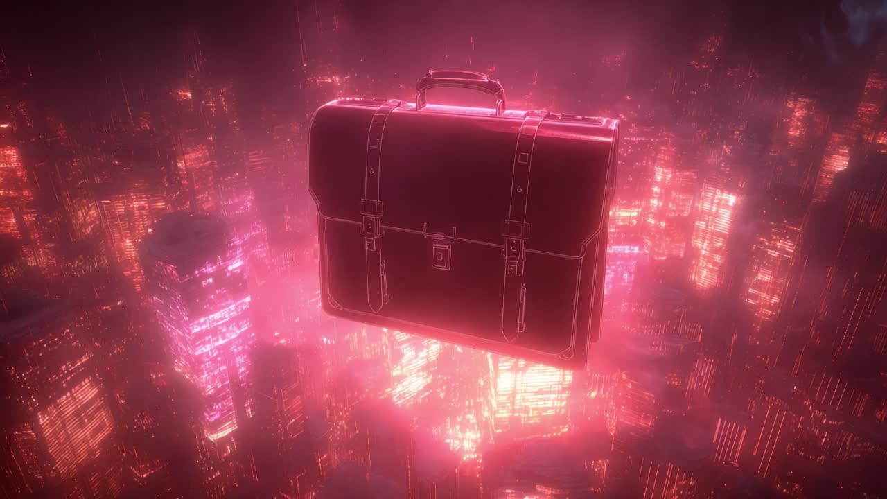 Mysterious dark briefcase glowing with pink neon light slowly rotating and floating above a sprawling futuristic cityscape at night, representing corporate secrets or future business ventures