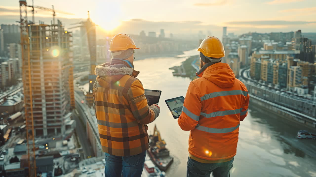 Construction Workers Overlooking River at Sunset in Urban Development Area. Two construction workers in safety gear observe a river and city skyline during sunset