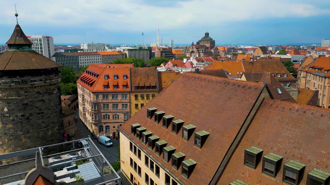 4K Aerial Drone Video of Ancient Women's Gate Tower in Downtown Nurnberg, Germany