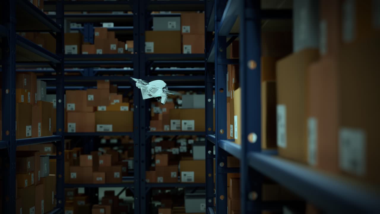 창고 드론 스캐닝 qr 코드는 금속 선반에 카드보드 상자에 완전히 자동 무인 화물 분배 시스템, 컴퓨터 조정 효율적인 물류 과정.
