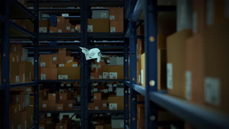 animación con drones de almacén escaneando códigos qr en las cajas de cartón en un estante metálico sistema totalmente automático no tripulado de distribución de carga proceso logístico eficiente coordinado por computadora