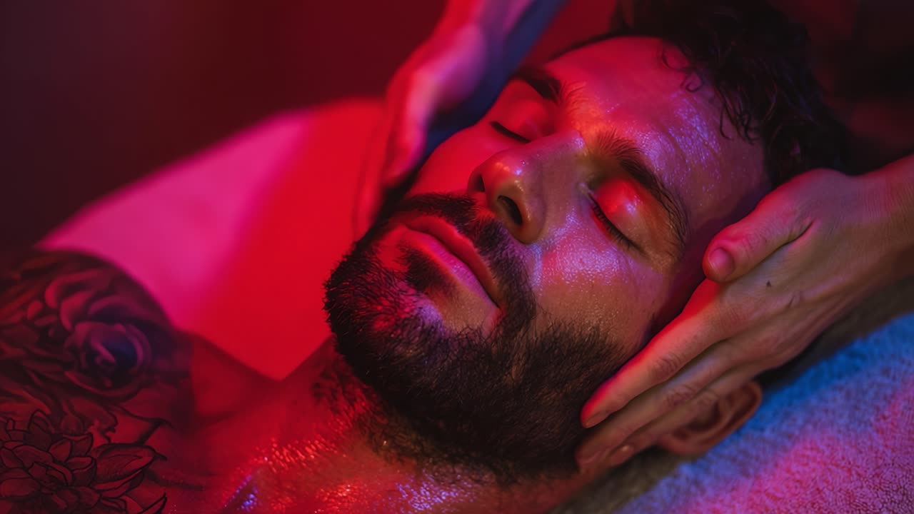 Relaxamento e Rejuvenescimento: Um Close-Up de um Homem Desfrutando de um Tratamento de Spa com Mãos Suaves e Iluminação Sensorial para uma Experiência Calmante