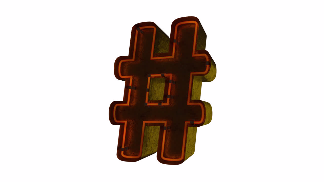 Glødende neon hashtag-symbol med gnister på hvid baggrund