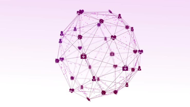 Animazione digitale che mostra una rete globale con icone viola su sfondo bianco.