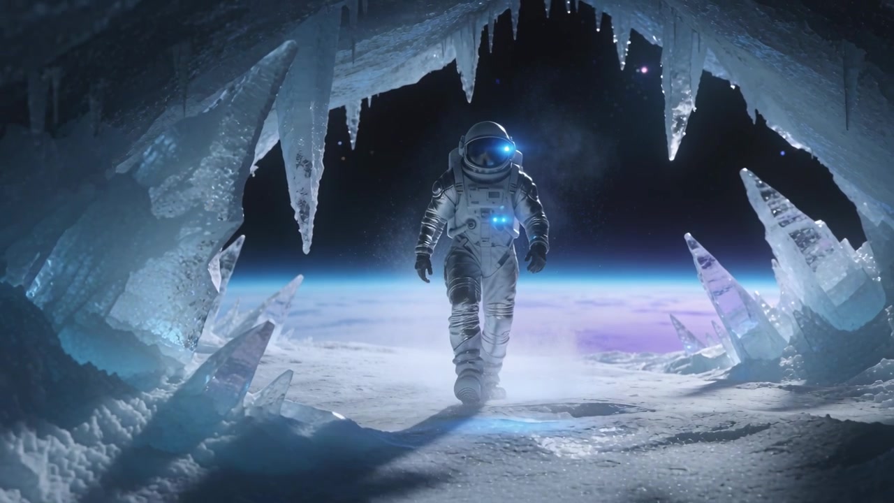 Fremkommende astronaut i EVA-dragt går ud af hulemunding oplyst af blå-lilla skær, overskuer horisonten.