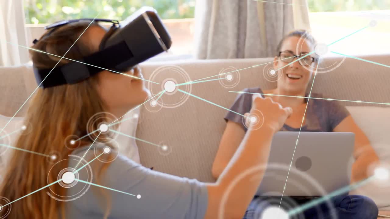 conectores en movimiento y datos digitales sobre una mujer usando casco vr