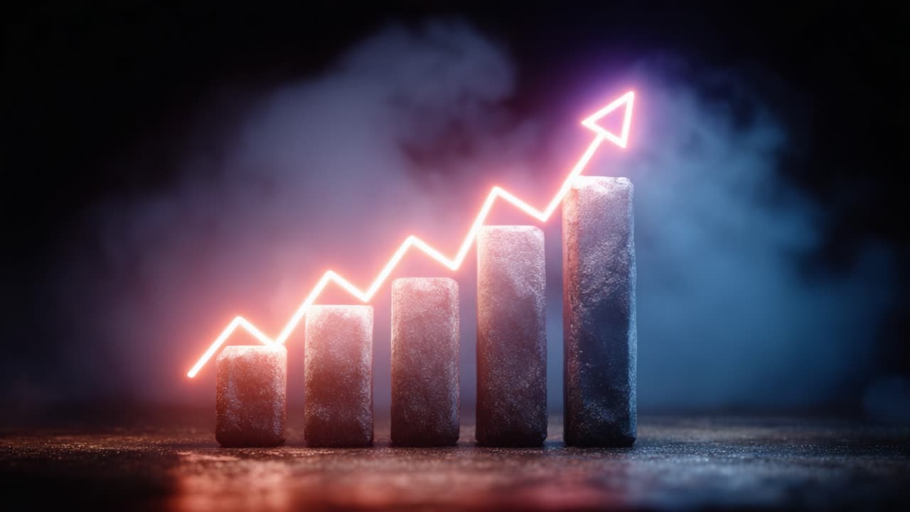 Visual Representation of Growth with Four Increasing Blocks and an Upward-Pointing Arrow Illuminated by Neon Lights Against a Smoky Backdrop