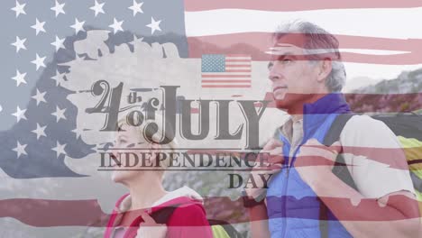 Animation-of-independence-day-text-over-senior-caucasian-couple-looking-away-with-backpacks