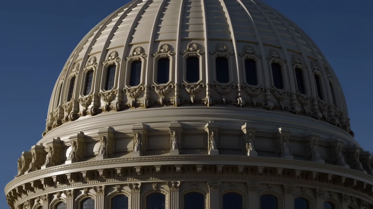 Close-up of the U.S. Capitol Building dome against a blue sky