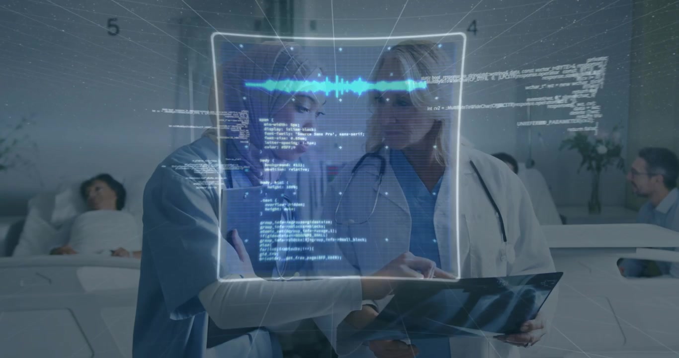 Doctor tapping tablet and peer shifting X-ray film as holographic charts emerging for diagnostics