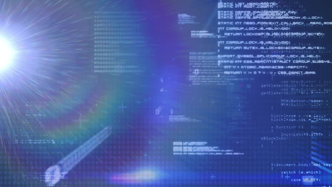 파란색 배경에 데이터 처리의 층 위에 반이는 빛의 애니메이션