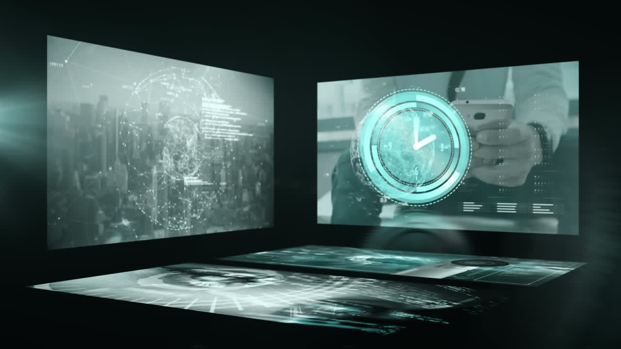 화면에서 빠르게 움직이는 시계와 데이터 처리의 애니메이션