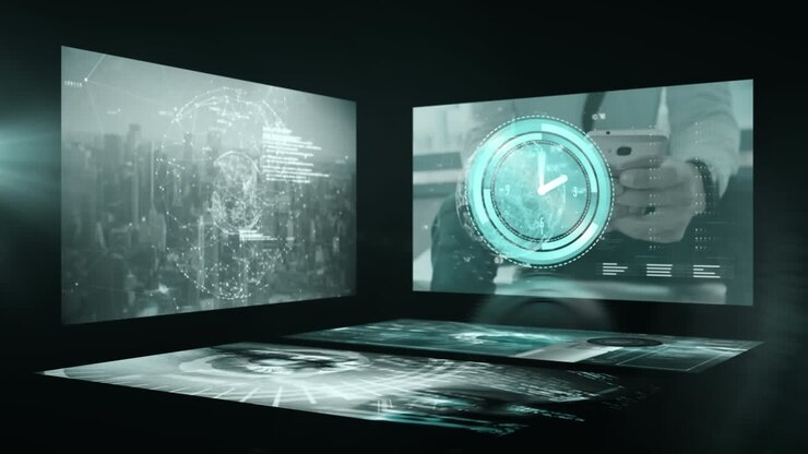 Animation of clock moving fast and data processing on screen