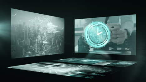 Animation of clock moving fast and data processing on screen