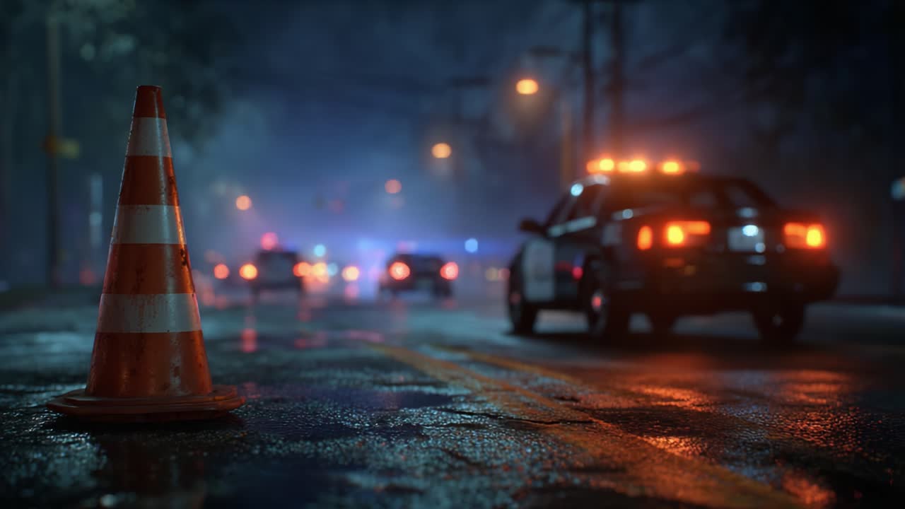 A Nighttime Scene of Emergency Response: Law Enforcement Vehicles and Warning Cones Illuminate the Wet Street Amidst Heavy Darkness and Atmospheric Lighting