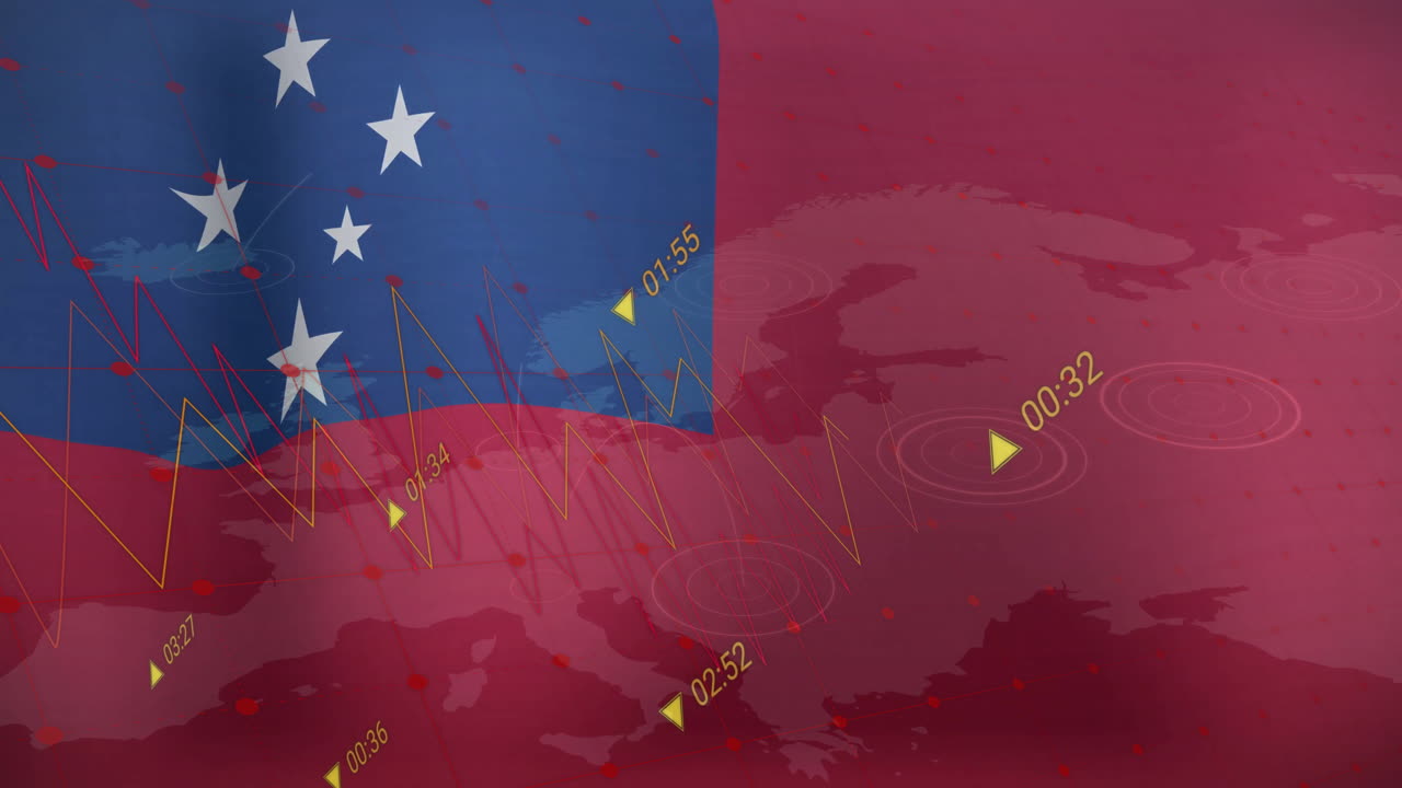 사모아의 발과 빨간색 지도 배경의 시간 표시 애니메이션