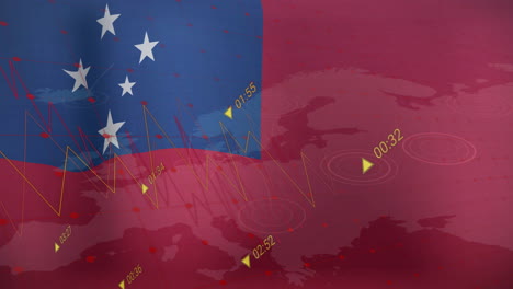 bandera de samoa y marcadores de tiempo animación sobre fondo de mapa rojo