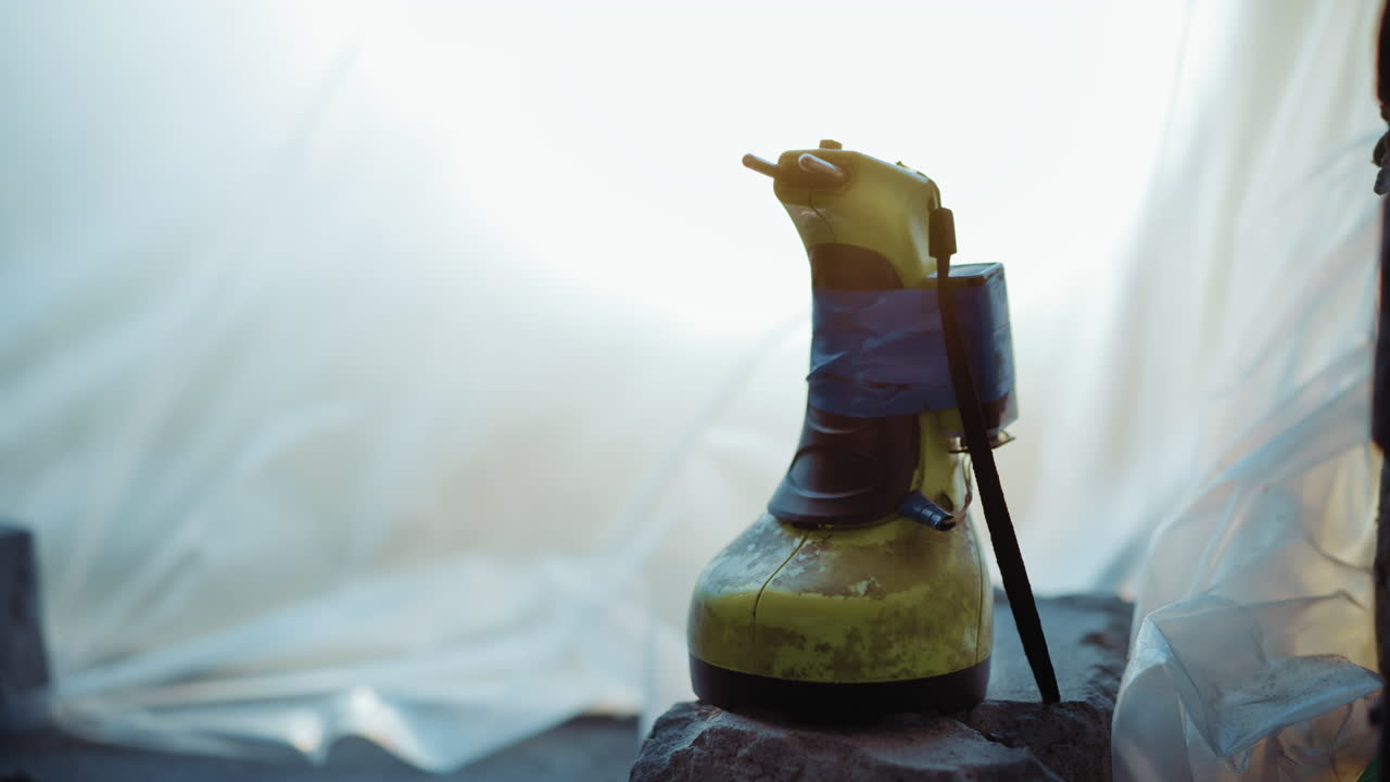 Close up of old yellow electric drill wrapped with blue tape resting on rock near bright fabric backdrop, symbolizing resourcefulness, repair, survival, and improvisation in challenging environment