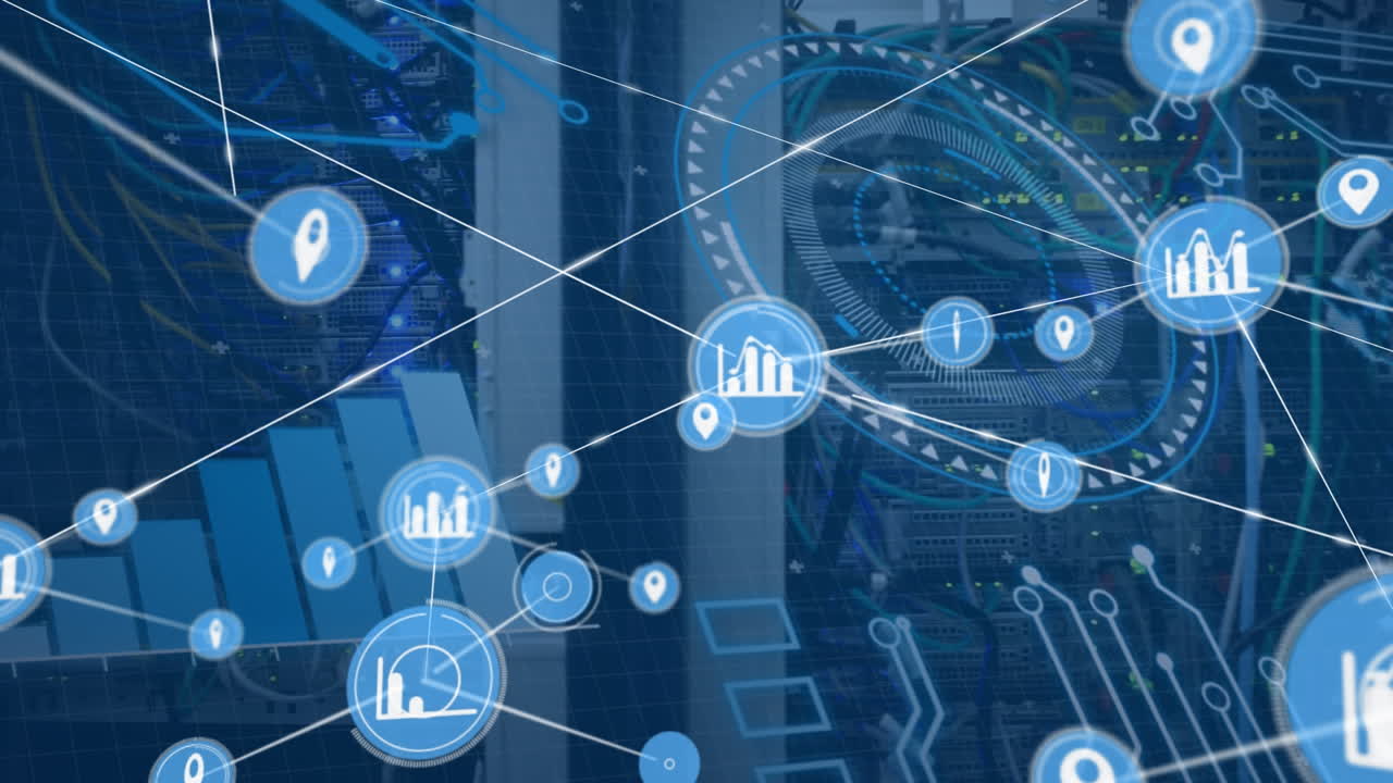 Animation of network of data icons and data processing over computer servers