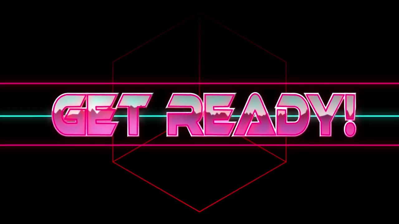 Animation of getready text in pink metallic, over neon lines on black