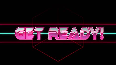 Animation-Von-Getready-Text-In-Pink-Metallic,-über-Neonlinien-Auf-Schwarz