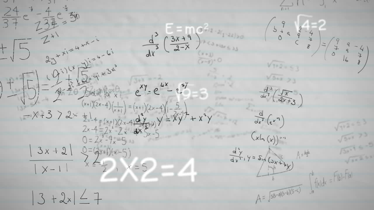 Animation of mathematical equations and diagrams floating against white lined paper background